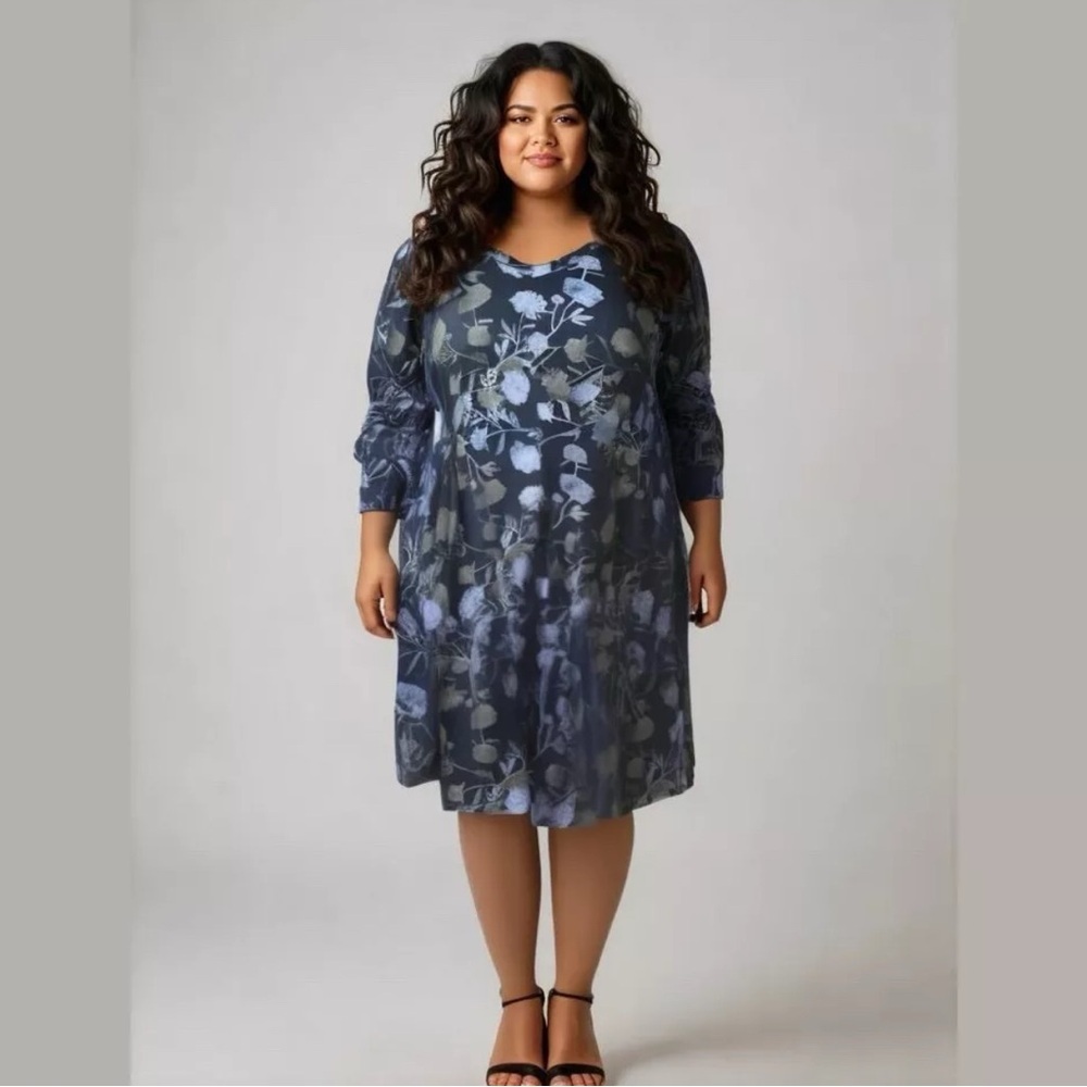 Lularoe AVA Women’s Size 2XL Blue Floral V-neck Mutton Long Sleeve Dress NWT - Picture 1 of 8